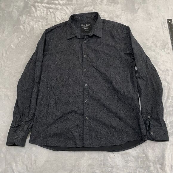 Guess Shirt Mens Extra Large Black Paisley Button Up Y2K Party Club Dancing - Picture 1 of 11